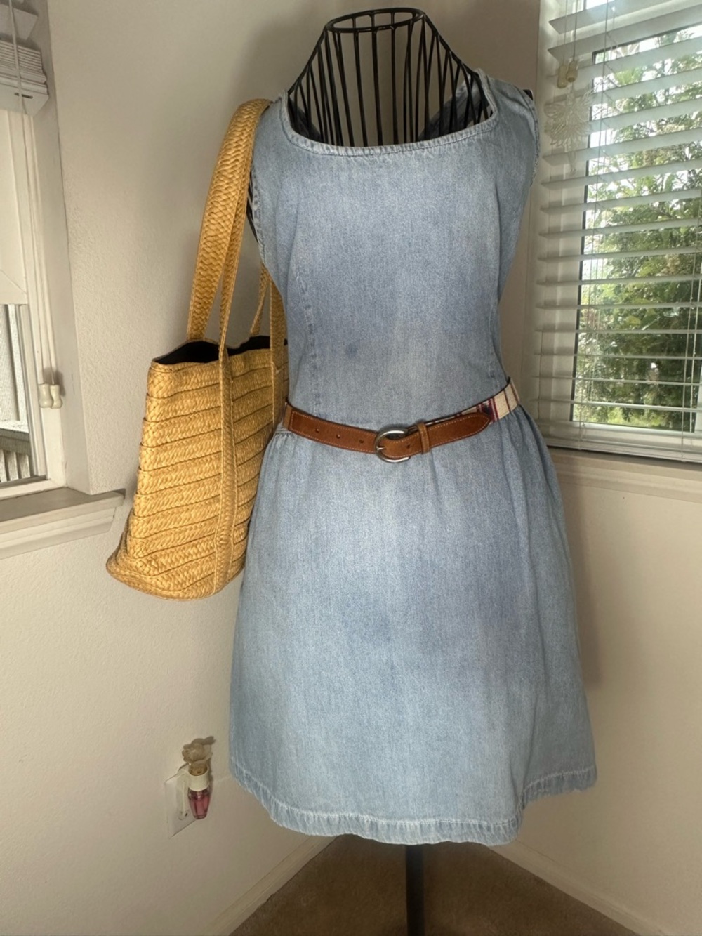 Casual Light Blue Denim Mini Dress with Brown Belt